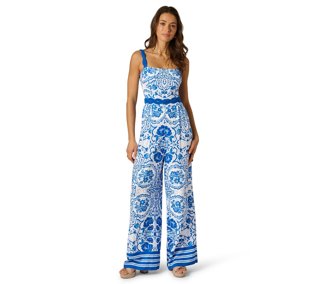 Adrianna Women's Printed Square Neck Jumpsuit - BLUE/WHITE | Macy's