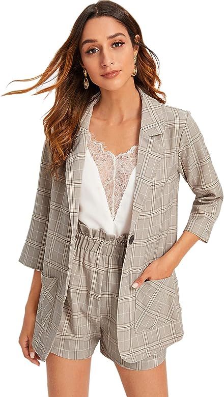 Milumia Women 2PCS Plaid Button Front Blazer and Shorts Office Set Business Suit | Amazon (US)