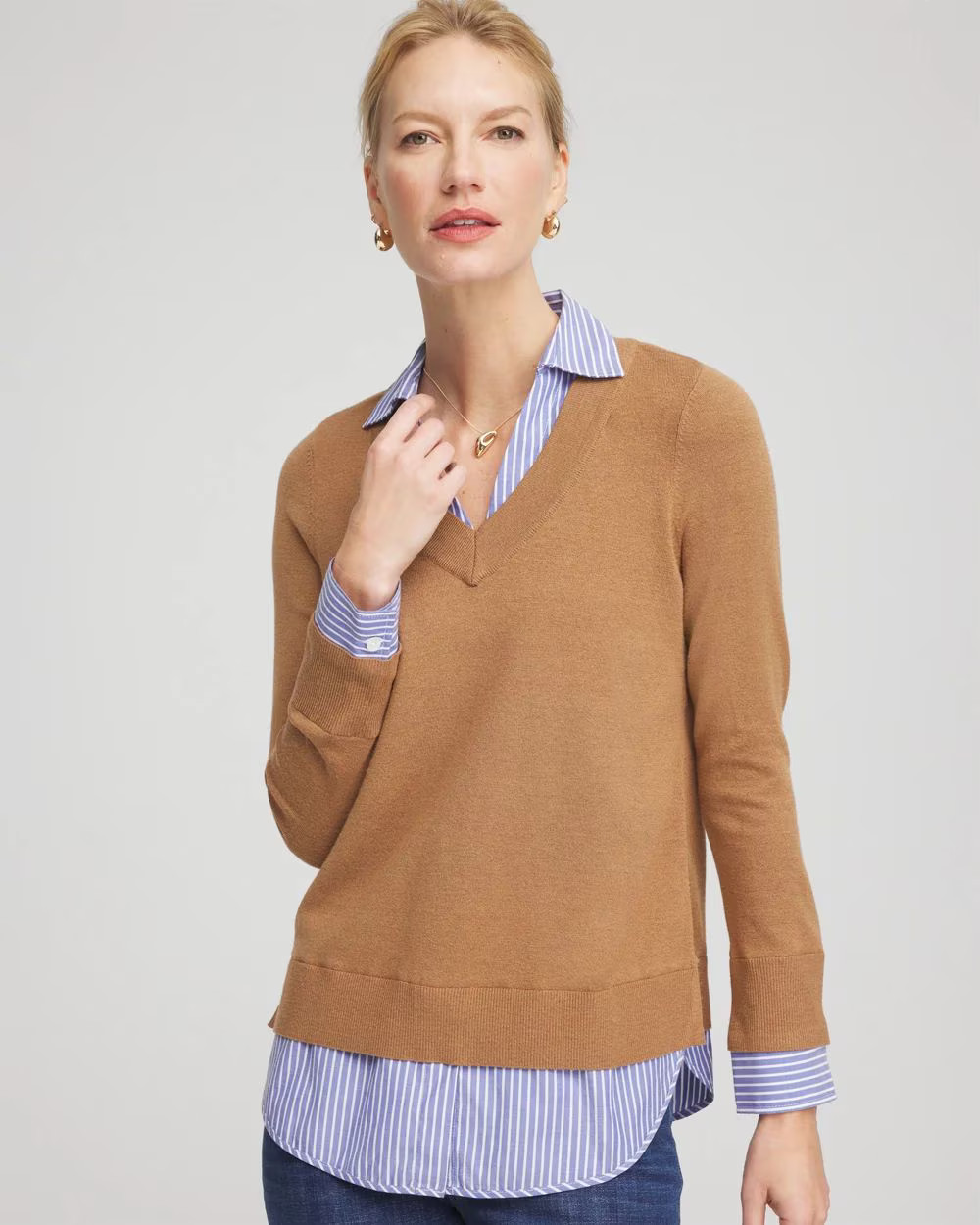 Camel Built-In Shirt Knit Sweater | Chico's