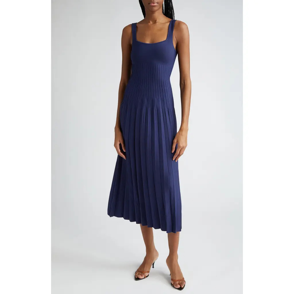 STAUD Ellison Pleat Effect Sweater Dress in Navy at Nordstrom, Size Large | Nordstrom