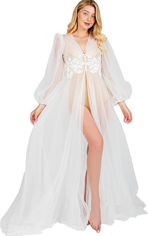 HHQ White Bridal Robe Womens Long Tulle Dress Lace Sheer Bride Nightgown Floor Length for Wedding... | Amazon (US)