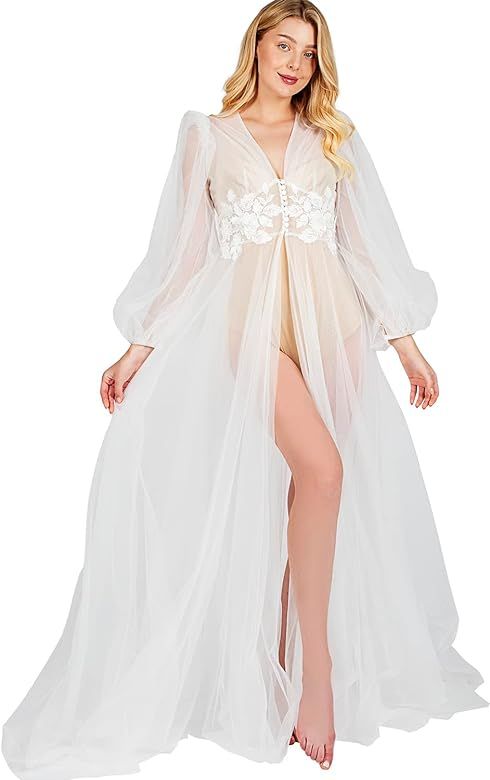 HHQ White Bridal Robe Womens Long Tulle Dress Lace Sheer Bride Nightgown Floor Length for Wedding... | Amazon (US)