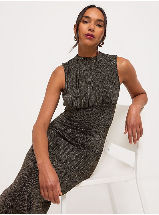 Gold Sparkle Sleeveless Ribbed Column Midi Dress | George