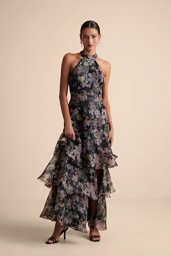 Forever Exceptional Black Floral Halter Organza Maxi Dress | Lulus