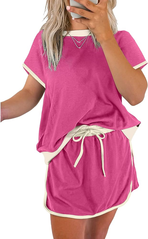 SELINK Lounge Sets for Women 2 Piece Skirt Colorblock Drop Shoulder T Shirt and Skort Set Summer ... | Amazon (US)