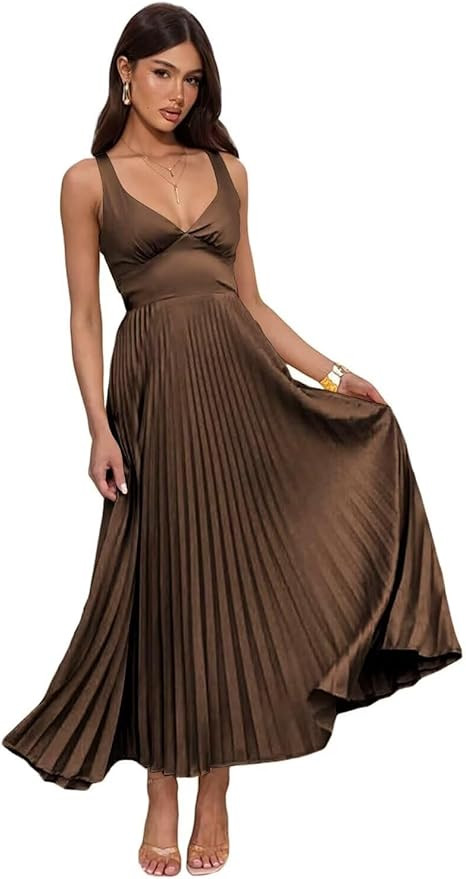Tea Length Satin Bridesmaid Dresses with Pleates for Women V-Neck Pleated Formal Wedding Guest Dr... | Amazon (US)