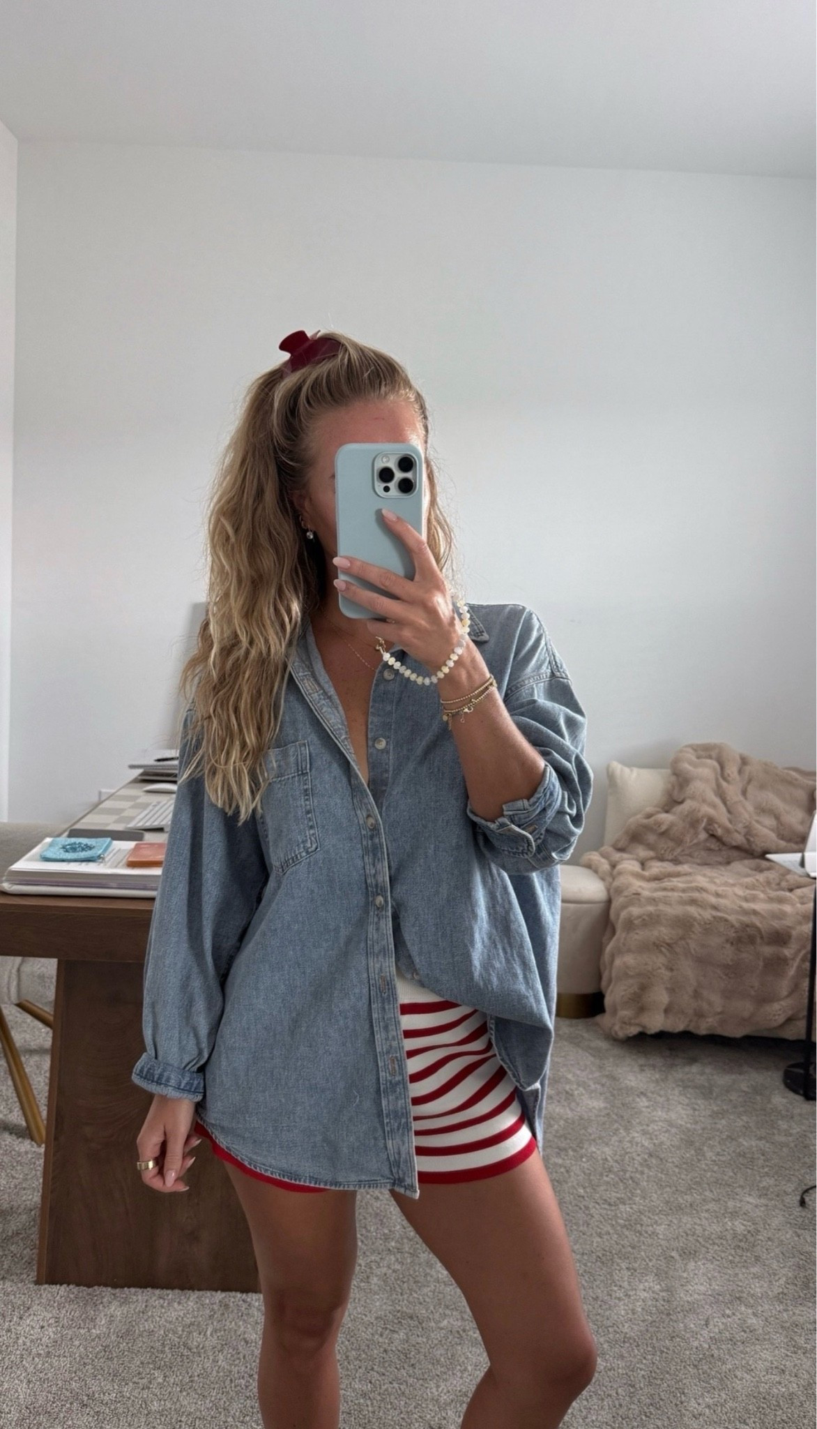 Casual OOTD ❤️ @Aritzia  Oversized Denim shirt paired with English Factory Striped Knit shorts. 

Small in shorts. 

4th of July fashion, Americana style, coastal grandmother style, New England summer, East Coast preppy, nautical outfit, classic summer fashion, red white and blue, summer holiday outfit, preppy style, coastal style

#LTKootd #LTKSeasonal