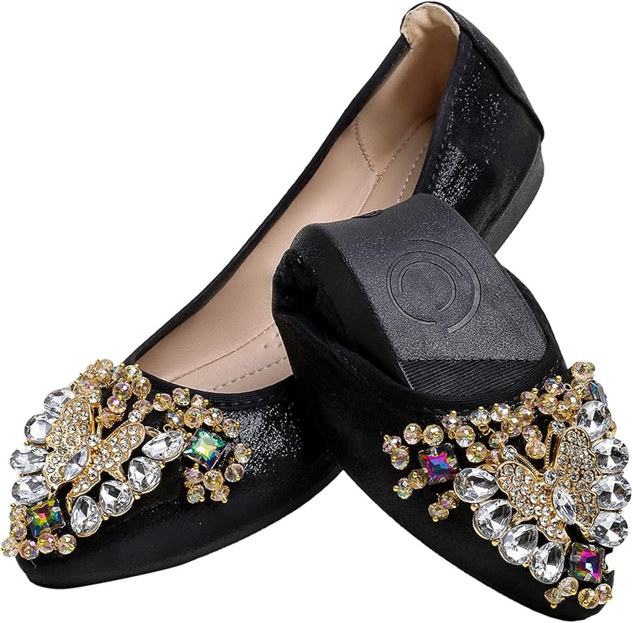 Women's Ballet Flat Shoes - Cute Rhinestones Bow Wedding Flats Slip on Flats for Women Comfortabl... | Amazon (US)