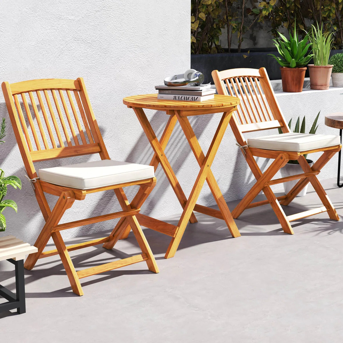 3-Piece Folding Acacia Wood Patio Bistro Set with Cushions | Wayfair North America