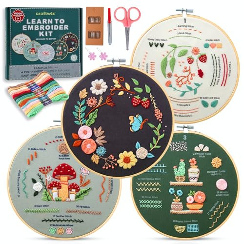 Craftwiz 4-Piece Starter Embroidery Kit for Beginners with Simple Patterns, Learn to Embroider 31 Stitches with Hand Embroidery Kit | Amazon (US)