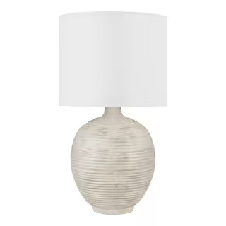 Hampton Bay Finch 22 in. Distressed White Ribbed Table Lamp with White Linen Shade 24127-001 - Th... | The Home Depot