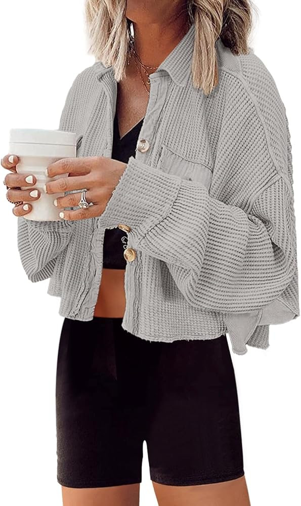 Panadila Women's Cropped Waffle Knit Shacket Short Button Down Jacket Batwing Sleeve Shirts with ... | Amazon (US)