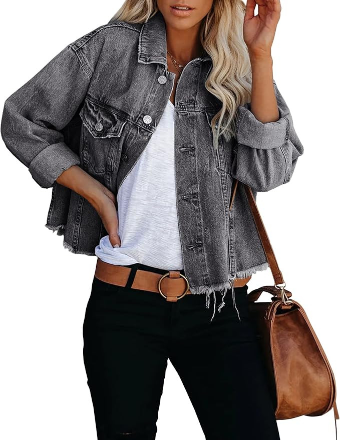 LONGBIDA Women's Jean Jacket Frayed Washed Button Up Cropped Denim Jacket With Pockets | Amazon (US)