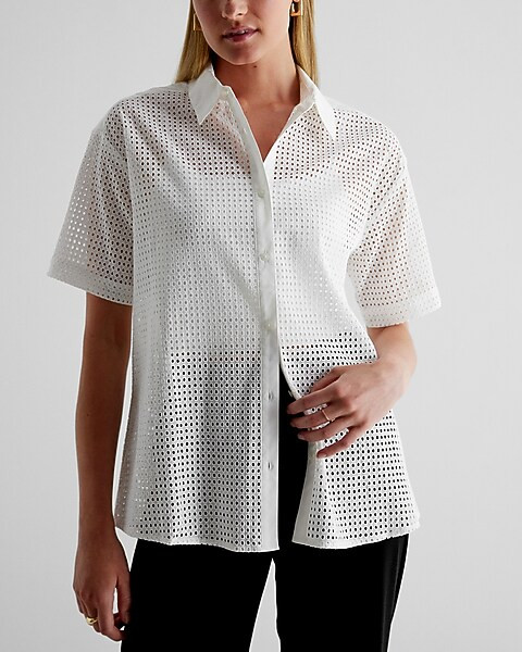 Circle Eyelet Short Sleeve Button Up Shirt | Express