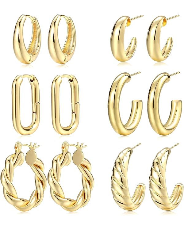 Gold Hoop Earrings Set for Women, 6 Pairs 14K Gold Plated Lightweight Hypoallergenic Chunky Open ... | Amazon (US)