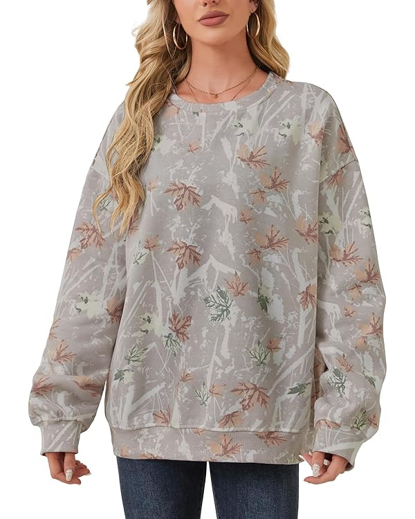 Womens Camo Sweatshirt Maple Leaf Print Oversized Camo Crewneck Sweatshirt Fleece Pullover Hoodie... | Amazon (US)