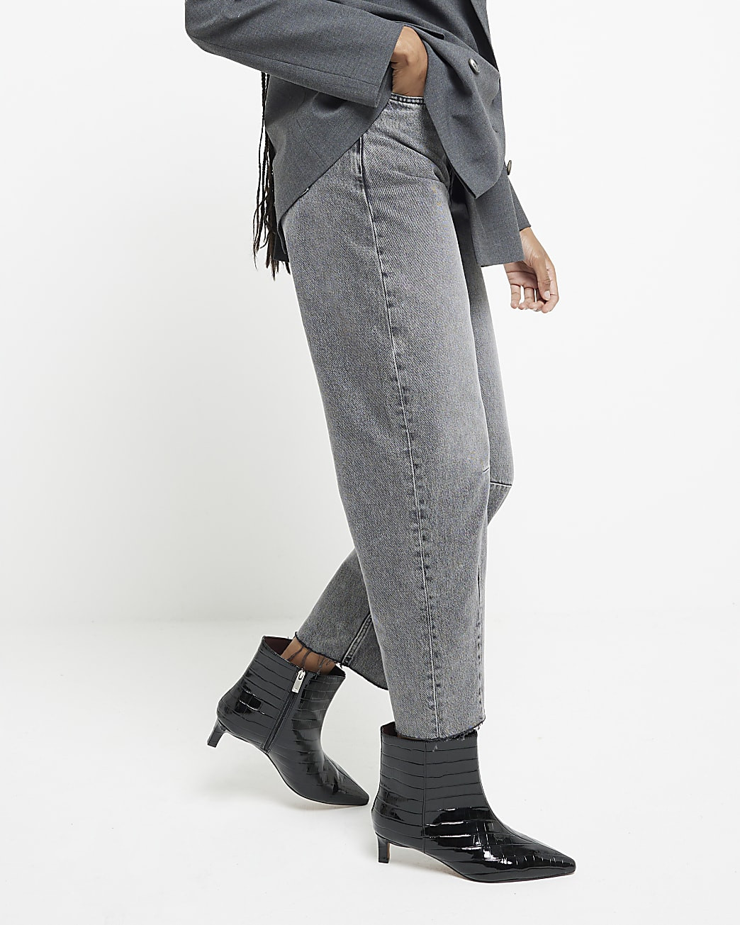 Black Wide Fit Croc Kitten Heel Ankle Boots | River Island UK & IE