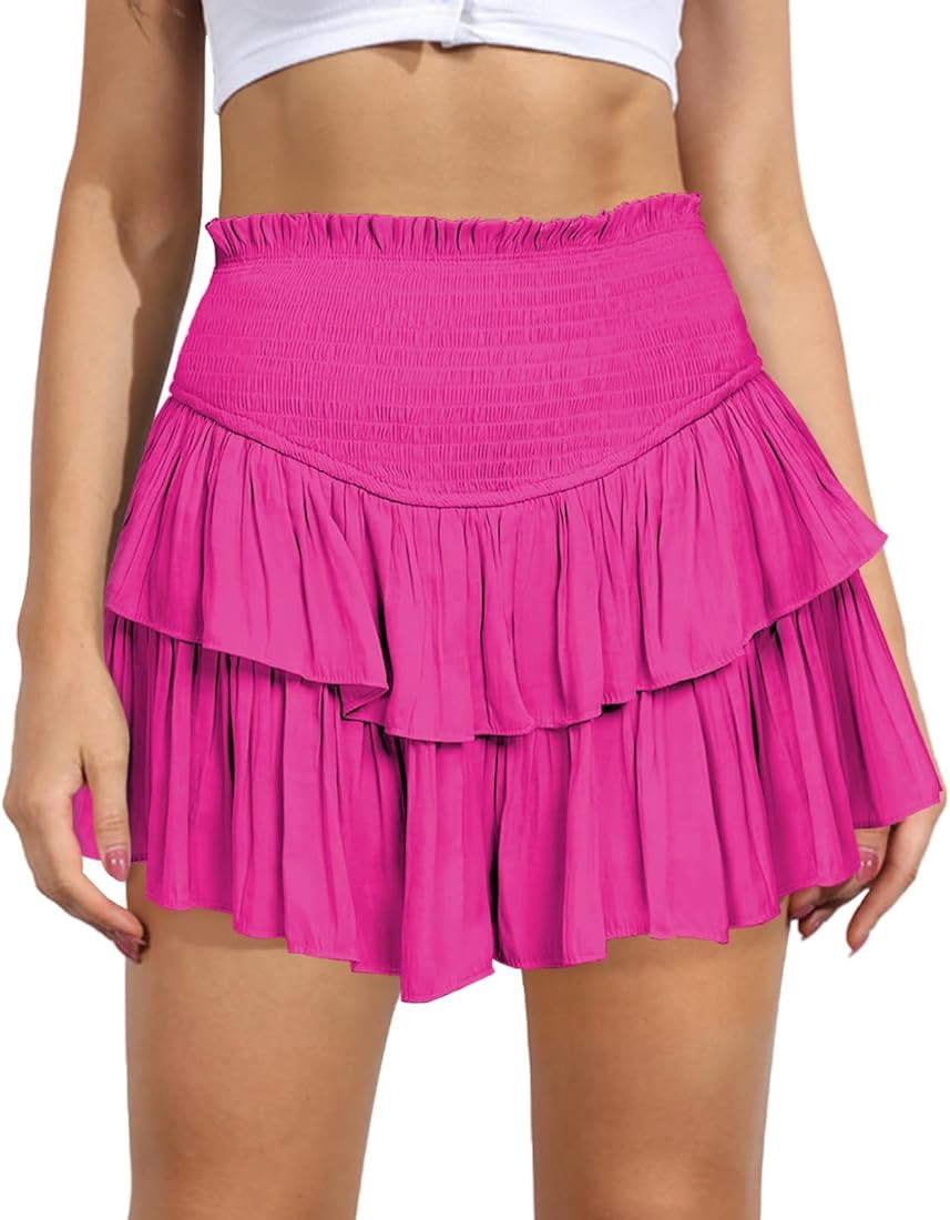 MIYIEONZ Women's Cute High Waist Ruffle Mini Skirt Layered Ruffle Hem Flared Flowy Casual Swing B... | Amazon (US)