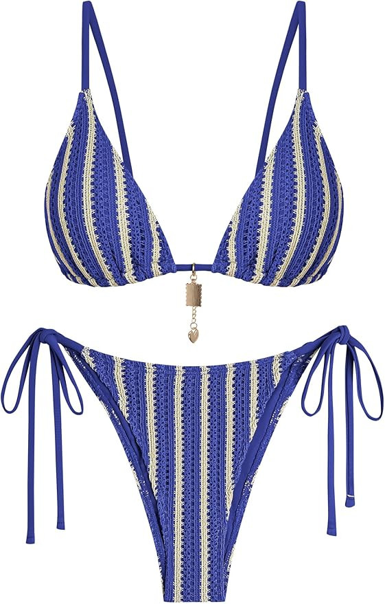ZAFUL Crochet Bikini Sets for Women Cheeky Boho Bathing Suits Striped Brazilian High Cut Thong Bi... | Amazon (US)