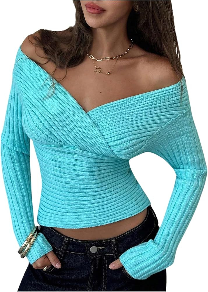 SHENHE Women's Sexy Deep V Neck Wrap Sweater Off The Shoulder Fitted Knit Cropped Sweater | Amazon (US)