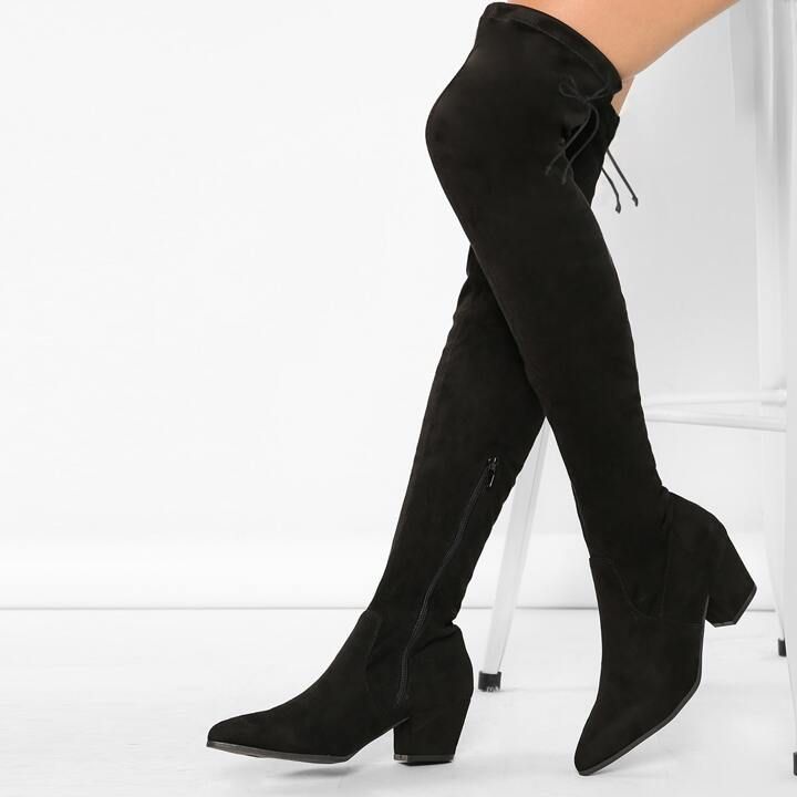 Pointy Toe Chunky Low Heel Thigh High Boots | SHEIN