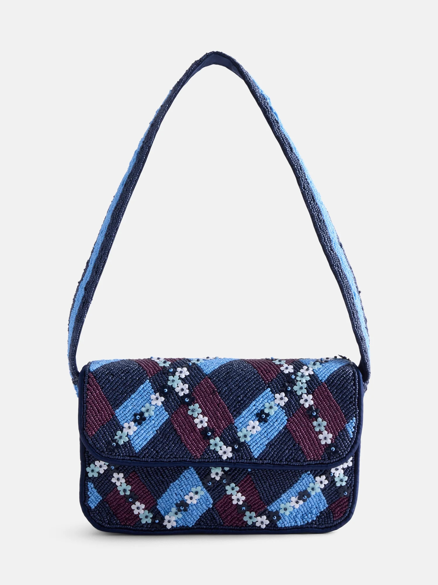 Free Assembly Women's Beaded Argyle Flap Shoulder Bag, Blue | Walmart (US)