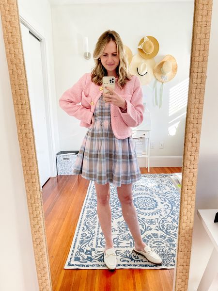 spring is definitely more my aesthetic 🤍💕🩵 this pink boucle jacket is 25% off today and i linked this hill house dress on poshmark, plus a similar pastel plaid option!  

#LTKfindsunder50 #LTKsalealert
