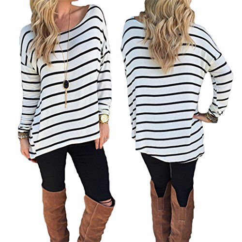 eshion Women Long Sleeve Stripe Casual Loose Tops T-shirt Blouse S M L XL | Amazon (US)