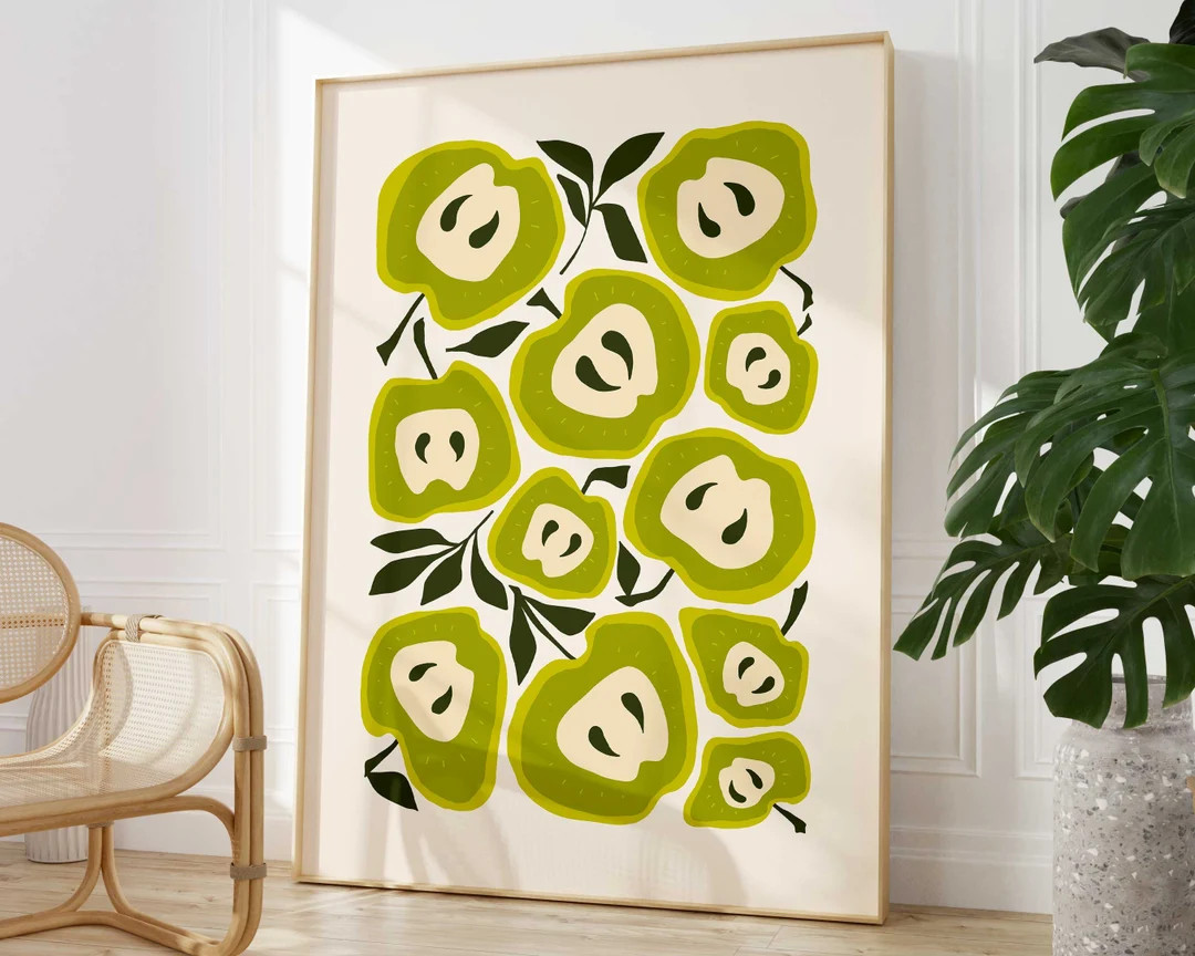 Apple Matisse Style Print, Abstract Green Fruit Kitchen Wall Art, Cut Fruit Dining Room Home Deco... | Etsy (US)