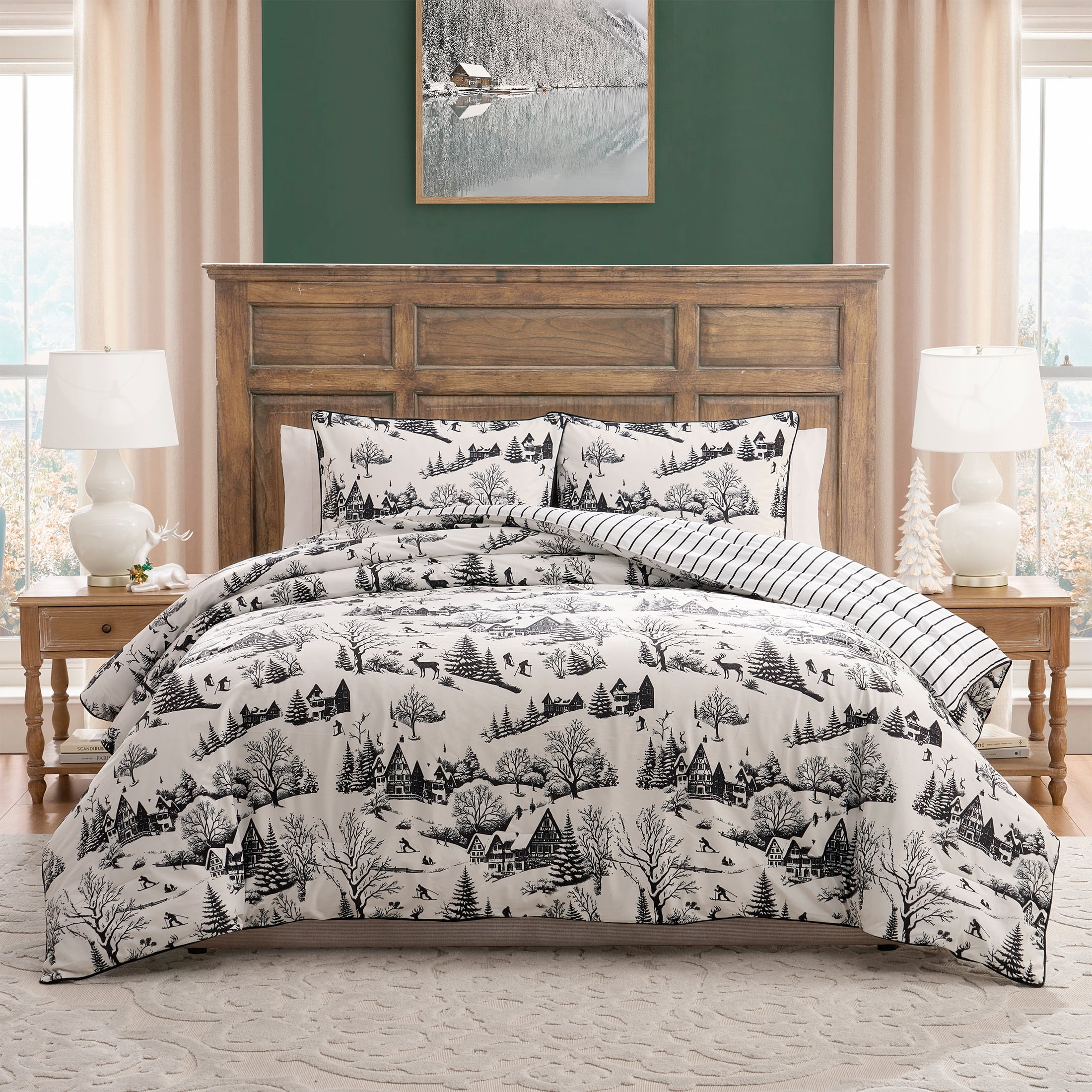 My Texas House Aurora 3-Piece Black Toile Velvet Adult Comforter Set, King | Walmart (US)