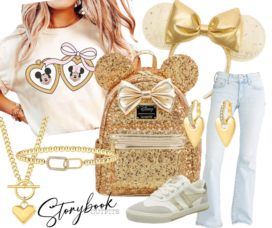 Soft neutrals meet golden sparkle with a heart-detail Minnie tee, sequin gold Loungefly, gold bow ears, layered heart jewelry, light-wash denim, and comfy neutral sneakers — elegant, effortless, and made for magical moments.

Perfect for Valentine trips, anniversaries, or anyone who loves a little Disney glam! 

 #LTKTravel