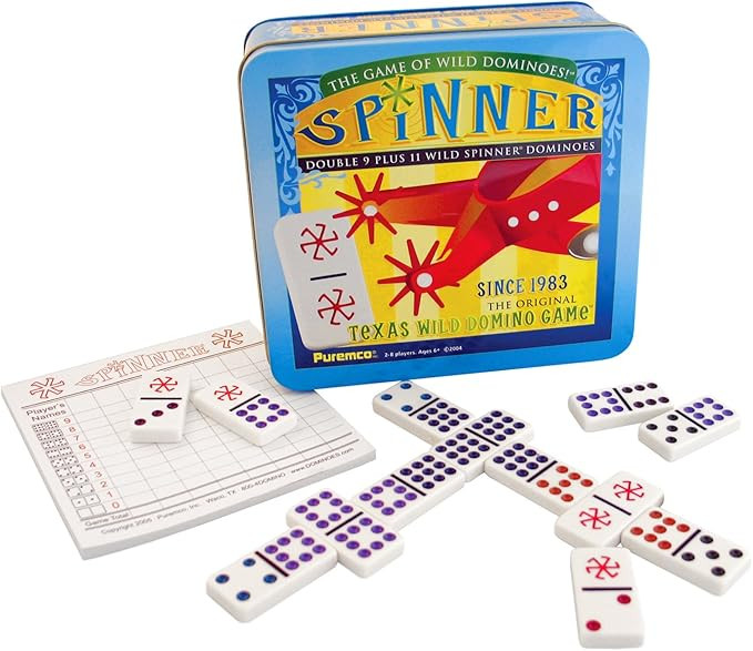 Spinner: The Game of Wild Dominoes, Double 9 Set Plus 11 Wild Spinner Tiles Board Game, Tin Box C... | Amazon (US)