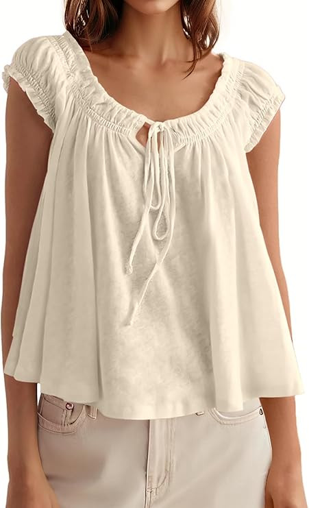 Tankaneo Women Summer Tie Front Tank Tops Cap Sleeve Pleated Babydoll Tops Casual Loose Fit Going... | Amazon (US)