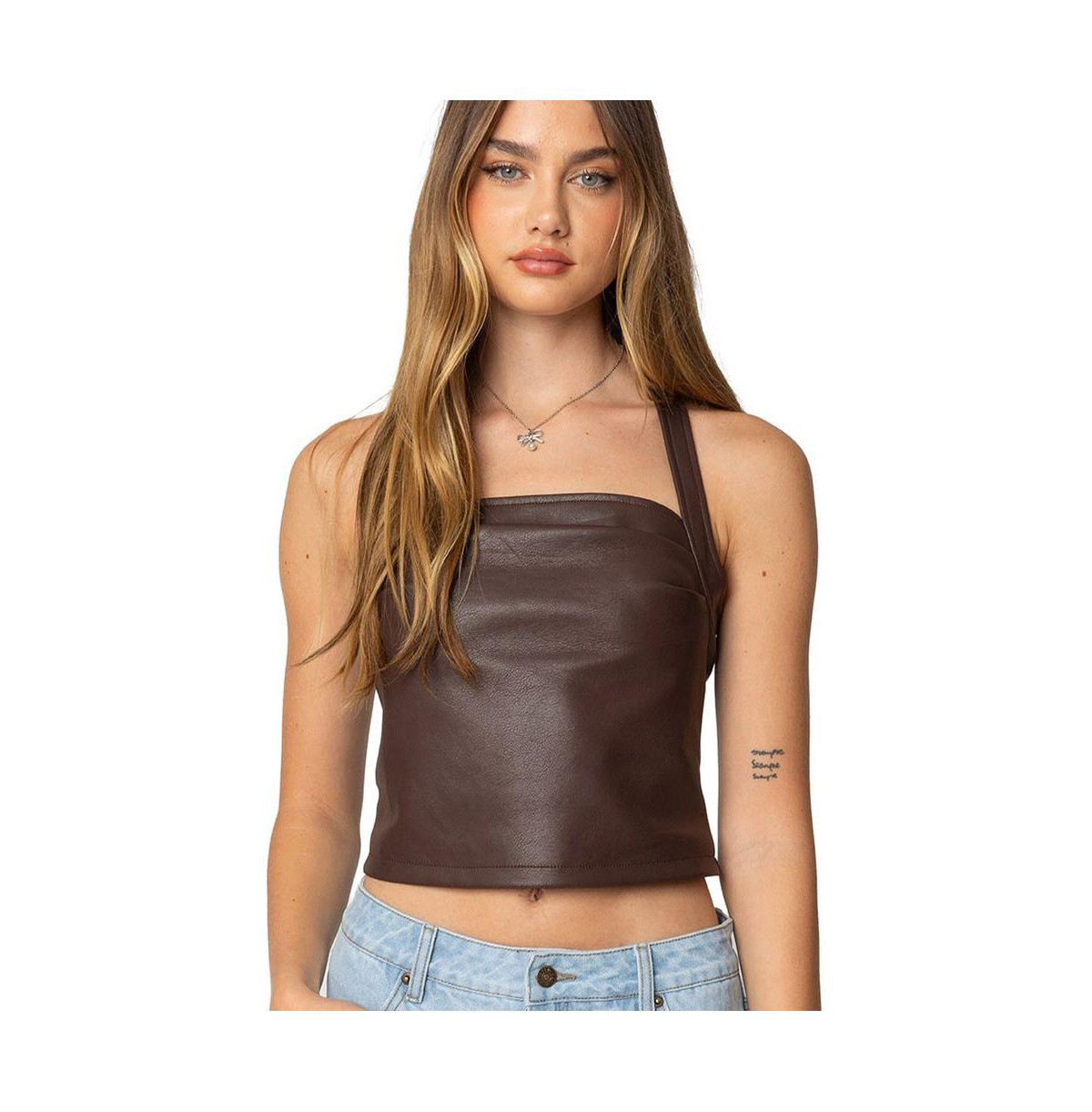 Edikted Womens Draped Faux Leather Halter Top - Brown | Macy's