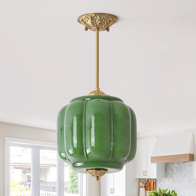 Green Milk Glass Pendant Light Chandelier with Antique Brass Finish, 10.24inch Vintage Semi Flush... | Amazon (US)