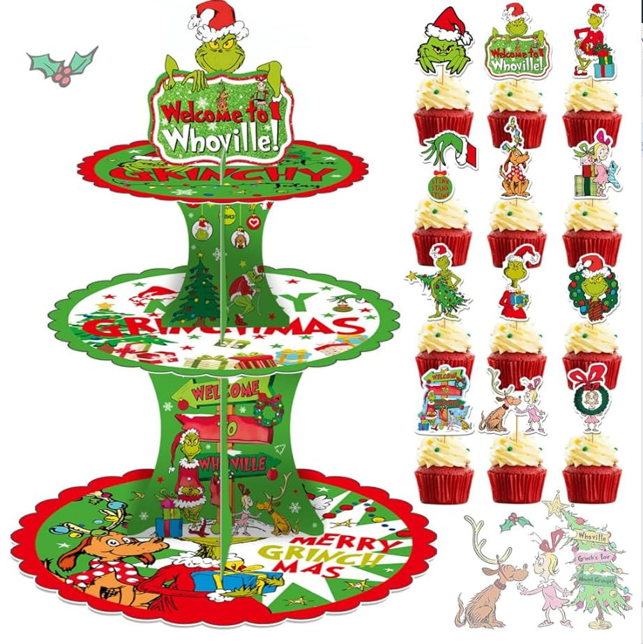 Green 3-Tier Cupcake Stand and 12pcs Cupcake Toppers Christmas Cupcake Holder Christmas Cupcake D... | Amazon (US)