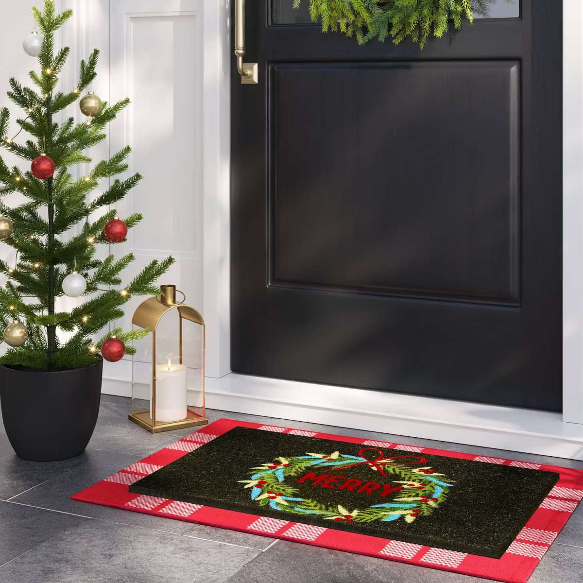 1'6"x2'6" Christmas 'Merry' Wreath Flocked Coir Doormat Red/Green - Wondershop™ | Target
