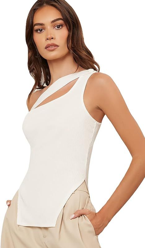 Verdusa Women's One Shoulder Sleeveless Cutout Fornt Asymmetrical Hem Draped Top | Amazon (US)