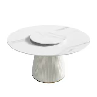 Magic Home 53.15 in. White Circular Rotable Sintered Stone Tabletop with Lazy Susan Pedestal Base... | The Home Depot