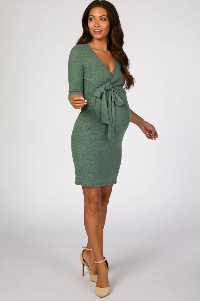 Green Brushed Knit Wrap Fitted Maternity/Nursing Dress | PinkBlush Maternity