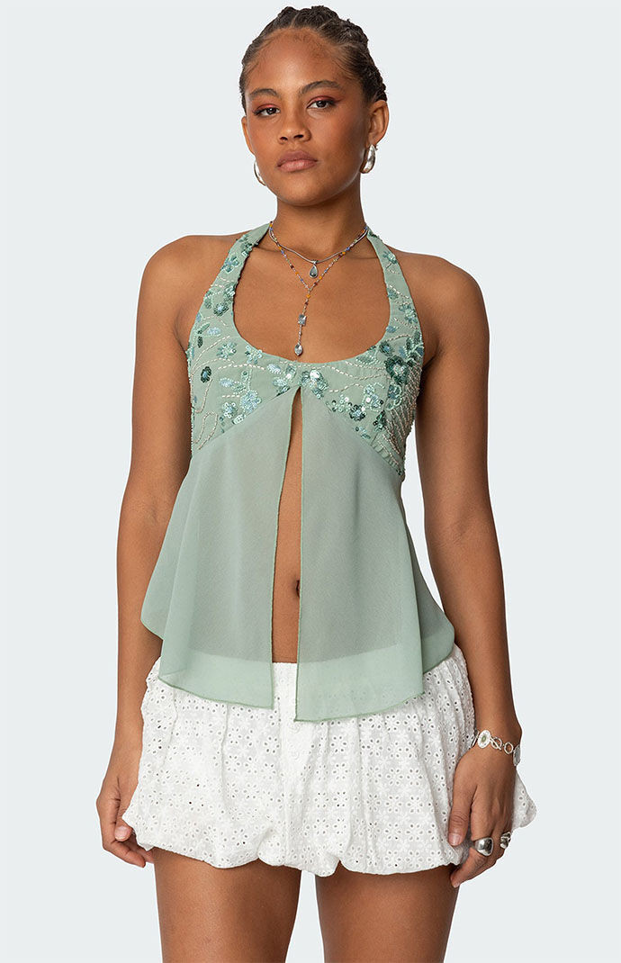 Edikted Women's Sequin Chiffon Split Front Top in Sage - Size Medium | PacSun