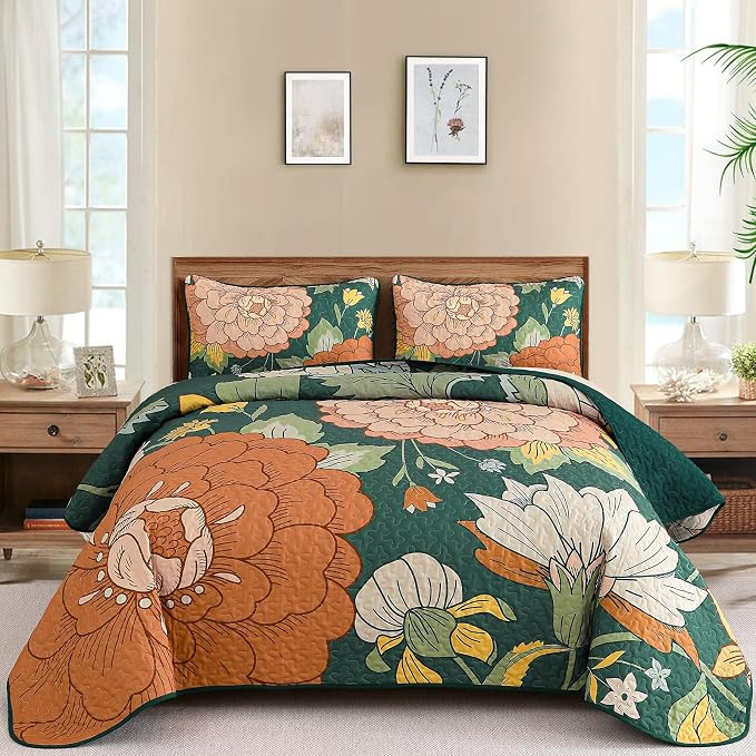 DJY 3 Piece Green Floral Quilt Set Queen Size - Boho Flower Bedspread Coverlet Set, Soft Microfib... | Amazon (US)
