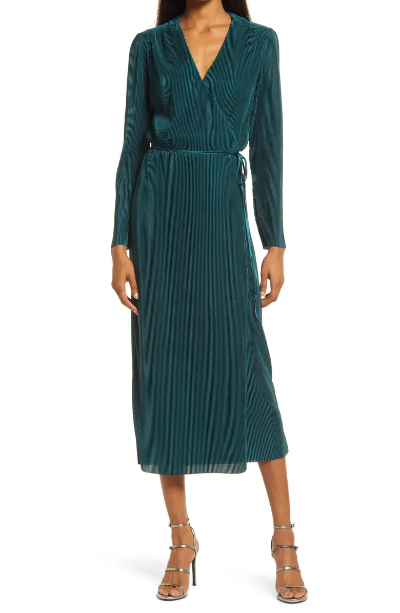 Charles Henry Plissè Long Sleeve Wrap Midi Dress | Nordstrom | Nordstrom
