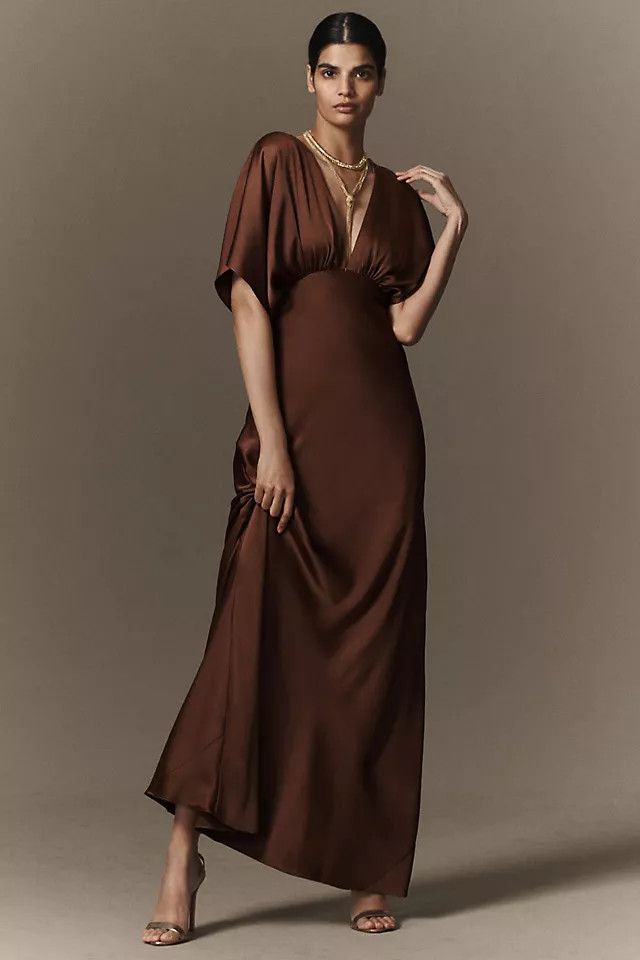 Amelia Deep-V Flutter-Sleeve Satin A-Line Gown | Anthropologie (US)