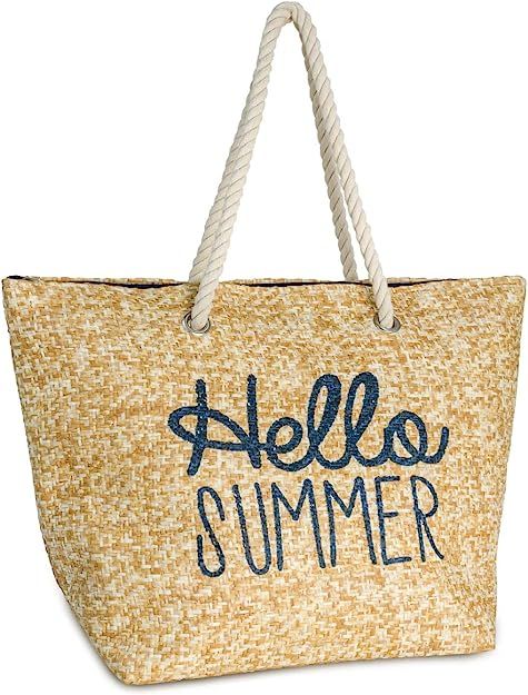 Funky Junque Womens Beach Tote Saying Shoulder Bag Large Straw Travel Handbag | Amazon (US)