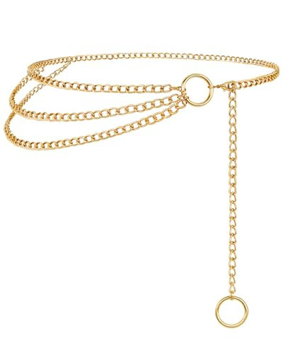 Chain Belt for Women Fashion Multilayer Metal Waist Chain Dress Belt Adjustable,gold,M | Amazon (US)