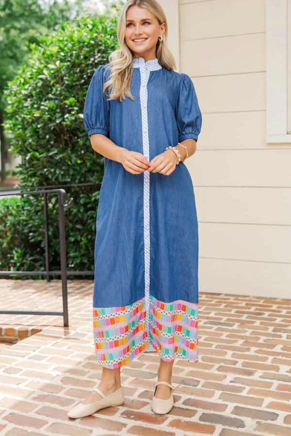 On Our Way Blue Colored Pencil Midi Dress | The Mint Julep Boutique