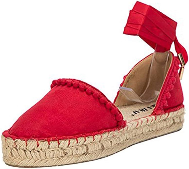 LALA IKAI Women Lace up Espadrille Flats Side Cutout Ankle Strap Holiday Sandals with Pompon | Amazon (US)
