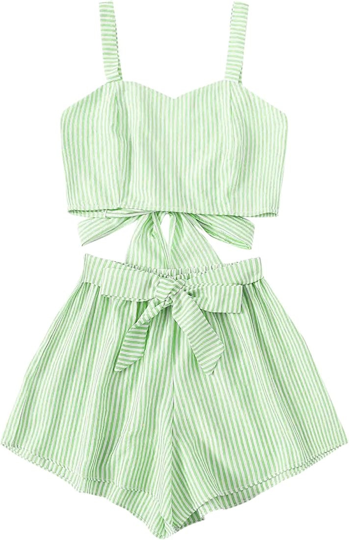 SweatyRocks Women's 2 Piece Outfits Summer Sleeveless Tie Back Crop Cami Top and Shorts Set | Amazon (US)