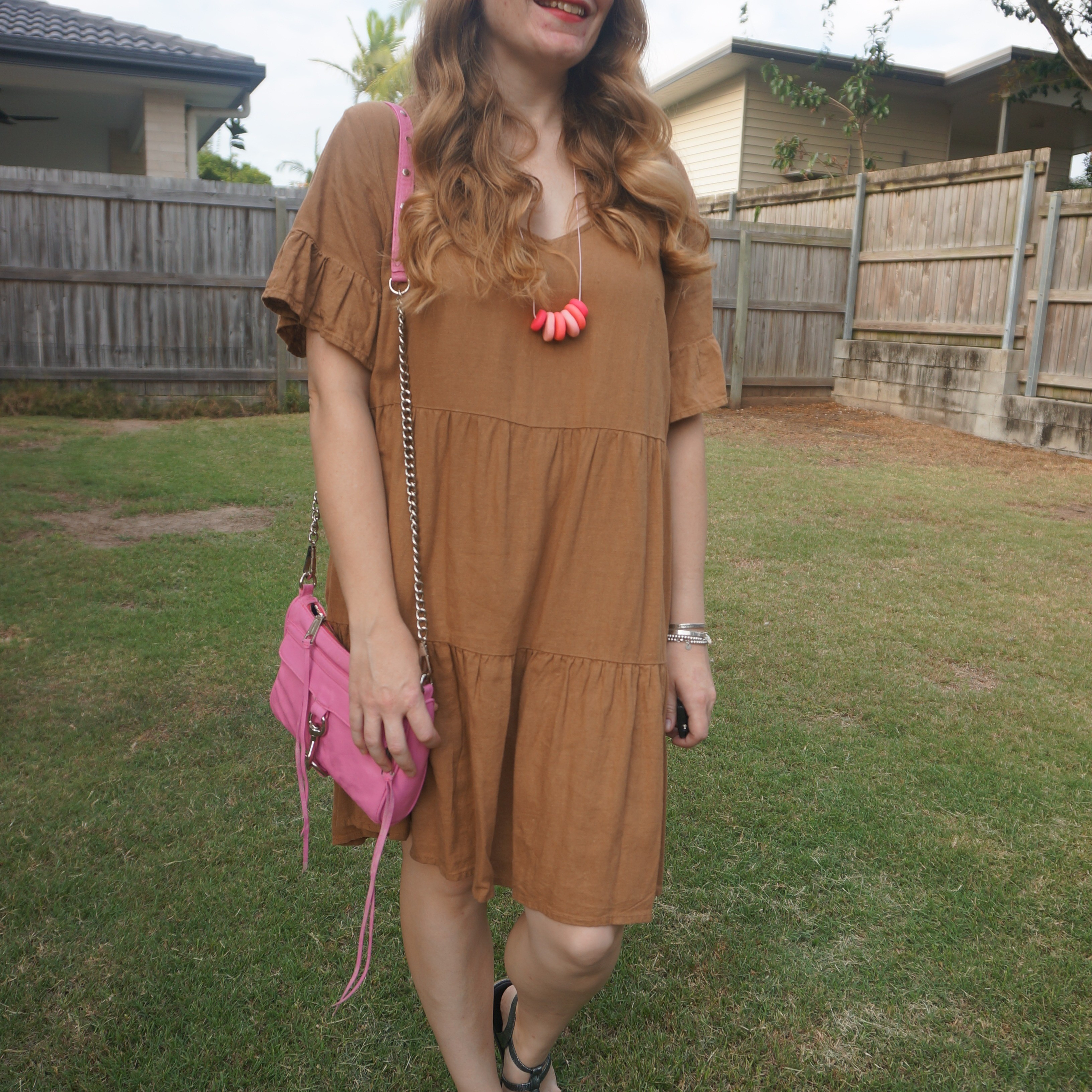 Kmart Anko brown tiered linen dress with pink accessories.  Love the neon pop from this Rebecca Minkoff mini MAC bag 💕

#LTKbag #LTKspring #LTKaustralia